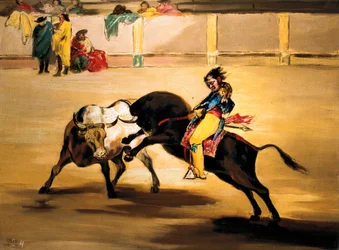 Mariano Ceballos zvaný „Indián“ na hřbetě býka láme štiku v madridských arénách, c. 1810 (malba)