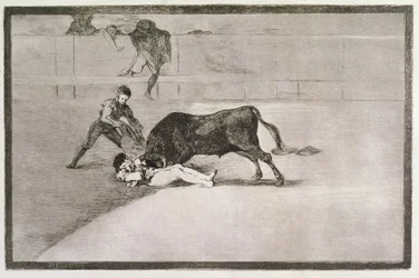 Nešťastná smrt Pepeho Hilla (José Delgado) v madridské aréně 11. května 1801, deska 33 z „Umění býčích zápasů“, vydáno 1816