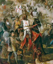 Reconquista Španělska: bitva u Las Navas de Tolosa 16/07/1212 mezi křesťanským vojskem a vojskem Maurů. Detail s králem Alfonsem VIII. Obraz Francisca de Paula Van Halena (1810-1887), 1864, Madrid, Senátní palác