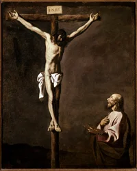 Ukřižování a umělcův autoportrét v roli svatého Lukáše u paty kříže. Obraz Francisca de Zurbarána (1598-1664), 1635-1640, 105x84 cm, Madrid, Muzeum Prado