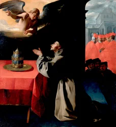"" Svatý Bonaventura (Giovanni di Fidanza, zvaný Dr. Seraphique, sv. Bonaventura) (1221-1274) v modlitbě "" Obraz Francisco de Zurbaran (1598-1664) 1629 Slunce 239x222 cm Gemaldegallerie, Drážďany Německo