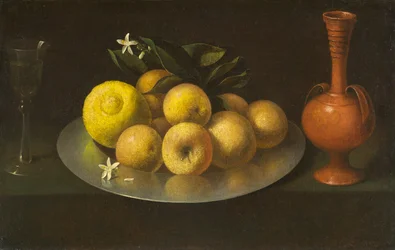 Zátiší se sklenicí, ovocem a džbánem, kolem 1650