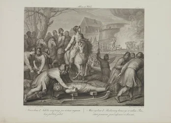 Zničení pohanských bohů Mieszkem I. Polským Smuglewiczem, Franciszkem (1745-1807). Litografie, konec 18. stol.. Soukromá sbírka