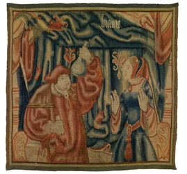 Kuvakudosfragmentti, joka kuvaa sisätilaa lääkärin ja naisen kanssa, Beaute, ranskalainen tai flaamilainen, valmistettu 1500-luvun alussa (villa)