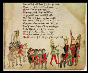 Paní Est 27 W 8.17 f.4r Attila the Hun (c.406-453) v diskusi s jedním ze svých válečníků, z The War of Attila od Nicola da Casola