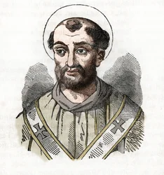 Starověk: zobrazení papeže Fabiána (Fabian nebo Fabian nebo Fabianus) (236-250) Kresba z „Tajemství Vatikánu“ od Franca Mistraliho