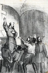 Čtvrtá Benátsko-osmanská válka: Církev vyzývající k poražení muslimů v předvečer bitvy u Lepante námořní bitva, která propukla 7. října 1571 v Patrasském zálivu v Řecku (křesťanská koalice den před bitvou u Lepanta během Osmanských Veneti