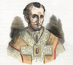 Středověk: reprezentace papeže Mikuláše I. Velikého (Nicola I, Nicholas nebo Nicolo nebo Niccolo nebo Nicolaus) (858-867) kresba z „I misteri del vaticano“ od Franca Mistraliho 1843