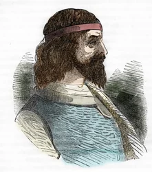 Portrét Odoakera (Odovacar), vůdce Herulů, spojenců Hunů, a Attilova ministra (435-493) (Odoacer nebo Flavius Odovacer), kresba z knihy „I misteri del Vaticano“ od Franca Mistraliho, 1843