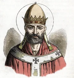 Portrét papeže Damasu I (papež Damasus) (305-384) kresba z „I misteri del vaticano“ od Franca Mistraliho 1843