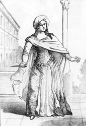 Portrét mladé Římanky Beatrice Cenciové (1577-1599), obviněné z vraždy svého otce Francesca Cenciho v roce 1598 (Portrét mladé římské šlechtičny Beatrice Cenciové, která v roce 1598 zavraždila svého otce, hraběte Francesca Cenciho). Rytina z „I misteri