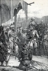 Seitsemäs ristiretki: Kuningas Ludvig IX vangittiin Fariskurin taistelussa 6. huhtikuuta 1250 (Seitsemäs ristiretki: Kuningas Ludvig IX vangittiin Fariskurin taistelussa, 6. huhtikuuta 1250) Piirros Franco Mistralin "Misteri del Vaticanosta"