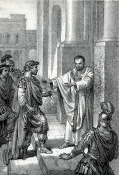 Arcibiskup svatý Ambrož z Milána (Aurelius Ambrosius, Ambrogio di Milano (340-397) zakázal vstup do kostela římskému císaři Theodosiovi I. (Flavius Theodosius) (347-395), aby ho potrestal za masakr v Soluni v roce 390 - Excommunicati