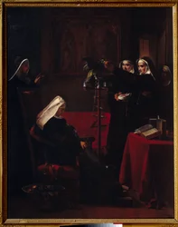 Green Green Nuns dávají jídlo papouškovi spící jeptišky. Obraz Francoise Mariuse Graneta (1775-1849)
