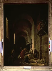 ""Malíř Jacques Stella (1596-1657) ve vězení"" (Malíř Jacques Stella ve vězení). Ilustrace z ""Rozhovory o životech a dílech nejznamenitějších starověkých a moderních malířů"" od Andre Felibien. Obraz Francoise Graneta (1775