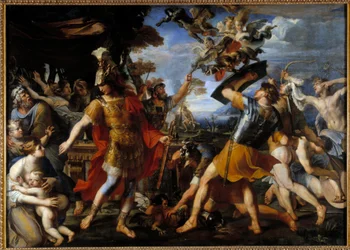 Aeneas a jeho druhové bojují s Harpyjemi. Obraz Françoise Perriera (1590-1650), 1646. Olej. 1,55 x 2,18 m