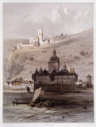 Chateau a Pfalz, Německo. V "" Monumentální a malebný Rýn"". Litografie od Fourmaise a Stroobanta