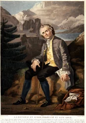Jean Jacques Rousseau ve Švýcarsku, pronásledovaný a bez azylu. Akvatinta od Charon d