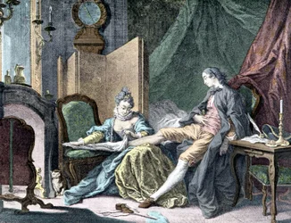 La Courtesan amoureuse: Žena odstraňující spodek muže - rytina ap. Řezník
