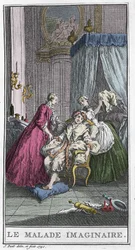 Imaginární pacient. Divadelní kus Jean Baptiste Poquelin dit Moliere (1622-1673). Rytina v „Imaginárním pacientovi“ od T. de Mare po Boucherovi.