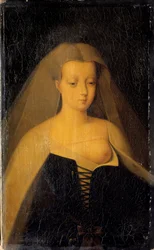 Portrét Agnes Sorel (1422-1450) (Lady z Beaute sur Marne) (Beaute-sur-Marne), oblíbenkyně krále Karla VII. (1422-1461) Její prsa jsou obnažená. Obraz Philippe Comairase (1803-1875) podle Francoise Cloueta. 1833 ne. 0,3x0,19 m Versailles, muzeum cha