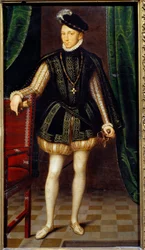 Portrét na nohou francouzského krále Karla IX. (1550 - 1574). Malba z dílny Francoise Cloueta (1515-1572)