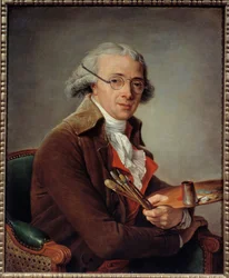 Portrét malíře Francoise Andre Vincenta (1746-1816) Umělec drží svou paletu a nosí brýle. Obraz Adelaide Labille Guiard (1749-1803) 18. století Sun. 0,73x0,59 m - Portrét malíře Francoise Andre Vincenta (1746-1816). Umělec