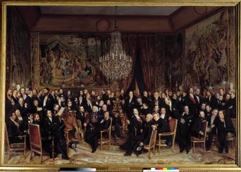 Večer v Louvru s hrabětem Nieuwerkerke Mezi dárky: Francois Marcellin Certain de Canrobert (1809-1895), Eugene Delacroix (1798-1863), Camille Doucet (1812-1895), Jacques Fromental Levy dit Halevy (1799-1862) , baron Georges Haussmann (