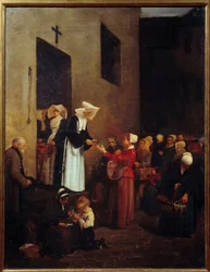Charita. Jeptišky rozdávají jídlo chudým na ulici. Obraz Francoise Bonvina (1817-1887)
