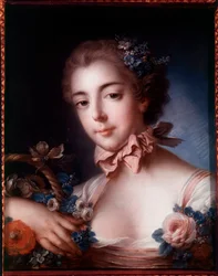 Portrét mladé ženy opírající se o košík květin. Pastelový obraz od Francoise Bouchera (1703-1770)