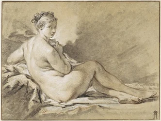 Studium ženského aktu - Francois Boucher (1703-1770). Sangvinik, černá a bílá křída na papíře