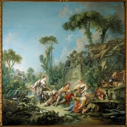 Idyla bukolické pastýřské scény. Obraz Françoise Bouchera (1703-1770), 1768. Plátno. 2,4 x 2,37 m. New York. Metropolitní muzeum