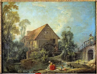 Mlýn. Žena pere prádlo v potoce poblíž vodního mlýna. Obraz Françoise Bouchera (1703-1770), 1751. 0.66 x 0.84 m