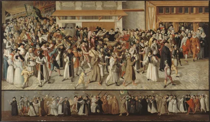 Průvod Ligy na ostrově Île de la Cité při odchodu z Notre-Dame, asi 1590 (olej)