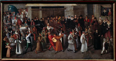 Náboženské války mezi katolíky a protestanty: „“ Průvod Ligy na konci Notre Dame v roce 1593““. Obraz Francoise II. Bunela (1522-1599)
