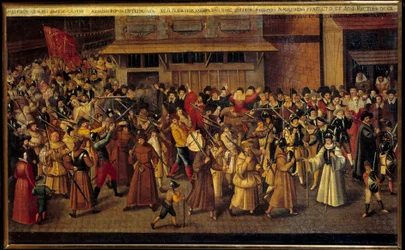 Náboženské války mezi katolíky a protestanty: “” Průvod Ligy na konci Cathedrale Notre Dame dne 4. 2. 1593””. Obraz Francoise II. Bunela (1522-1599)