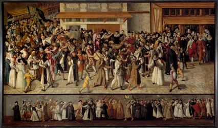 Náboženské války mezi katolíky a protestanty: „“ Procesí Ligy opustit Notre Dame na ostrově La Cite v roce 1593“. Obraz Francoise II. Bunela (1522-1599)