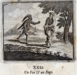 Šílený a moudrý. Bajky Jean de La Fontaine (1621-95). Ilustrace François Chauveau (1613-1676). Vydání z roku 1728.