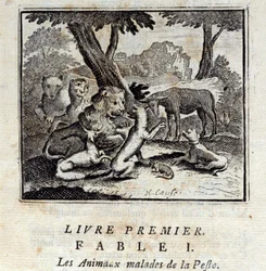 Zvířata nemocná morem. Bajky Jean de La Fontaine (1621-95). Ilustrace Francois Chauveau (1613-1676). Vydání z roku 1728.
