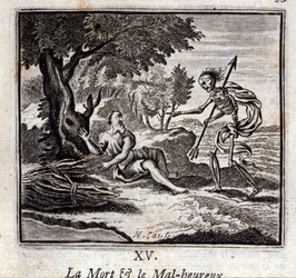 Smrt a nešťastní. Bajky Jean de La Fontaine (1621-95). Ilustrace Francois Chauveau (1613-1676). Vydání z roku 1728.