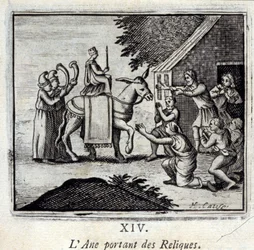 Osel nesoucí relikvie. Bajky Jean de La Fontaine (1621-95). Ilustrace François Chauveau (1613-1676). Vydání z roku 1728.