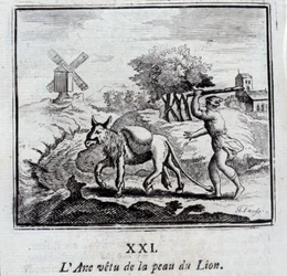 Osel na sobě kůži lva. Bajky Jean de La Fontaine (1621-95). Ilustrace François Chauveau (1613-1676). Vydání z roku 1728.