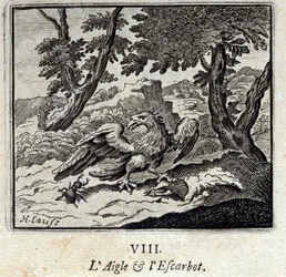 Orel a šnek. Bajky Jean de La Fontaine (1621-95). Ilustrace Francois Chauveau (1613-1676). Vydání z roku 1728.
