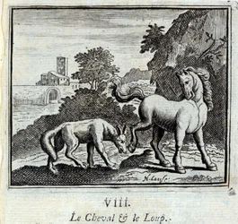 Kůň a vlk Bajky Jean de La Fontaine (1621-95). Ilustrace François Chauveau (1613-1676). Vydání z roku 1728.