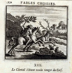 Kůň se chtěl pomstít za Jelena. Bajky Jean de La Fontaine (1621-95). Ilustrace Francois Chauveau (1613-1676). Vydání z roku 1728.
