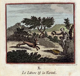 Zajíc a želva - Bajky Jean de La Fontaine (1621-1695) - Ilustrace Francois Chauveau (1613-1676) - Vydání z roku 1728