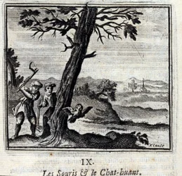 Bajky o myších a kočičích huantech od Jean de La Fontaine (1621-95). Ilustrace François Chauveau (1613-1676). Vydání z roku 1728.