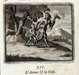 Láska a šílenství. Bajky Jean de La Fontaine (1621-95). Ilustrace François Chauveau (1613-1676). Vydání z roku 1728.