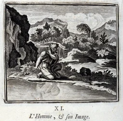 Člověk a jeho obraz. Bajky Jean de La Fontaine (1621-95). Ilustrace Francois Chauveau (1613-1676). Vydání z roku 1728.
