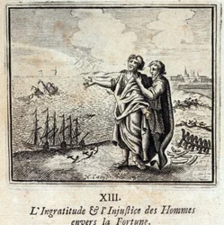 Mužský nevděk a nespravedlnost štěstí. Bajky Jean de La Fontaine (1621-95). Ilustrace François Chauveau (1613-1676). Vydání z roku 1728.